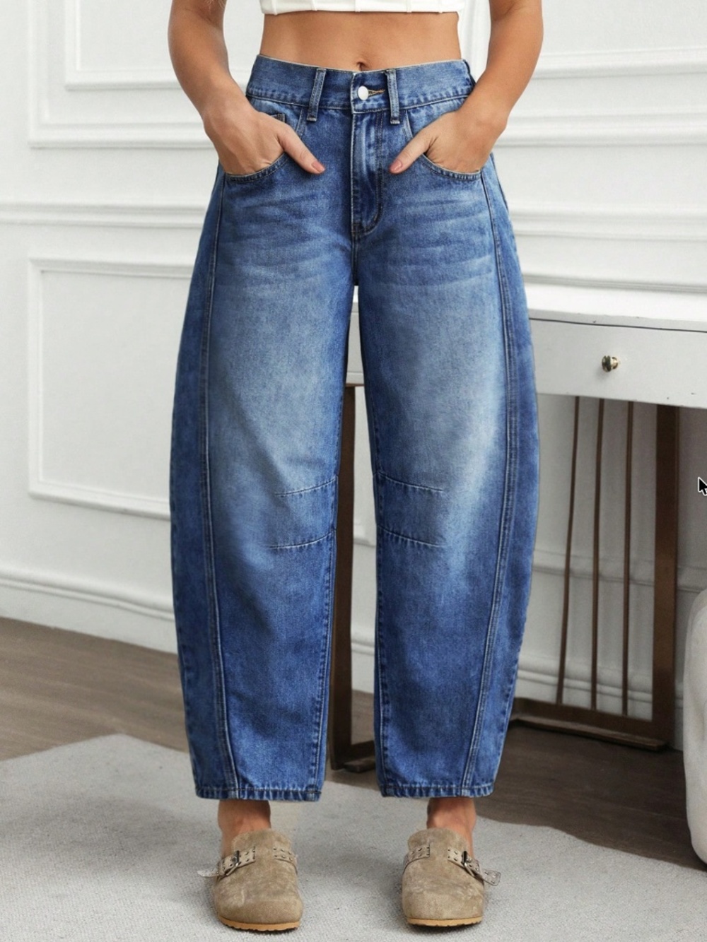 Faded Dark Wash Cropped Barrel Denim Jeans